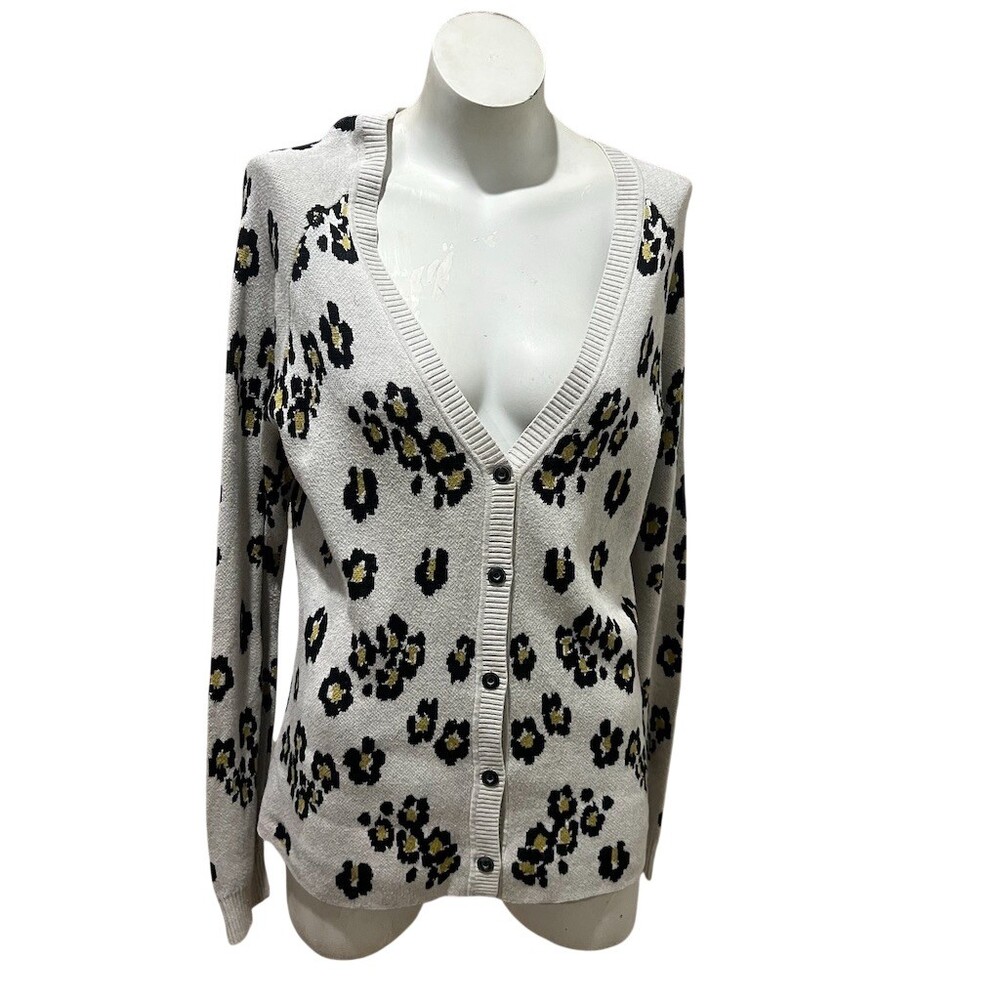 CAbi Kiki Cardigan Womens Size L Gray Leopard Animal Print V-Neck Sweater